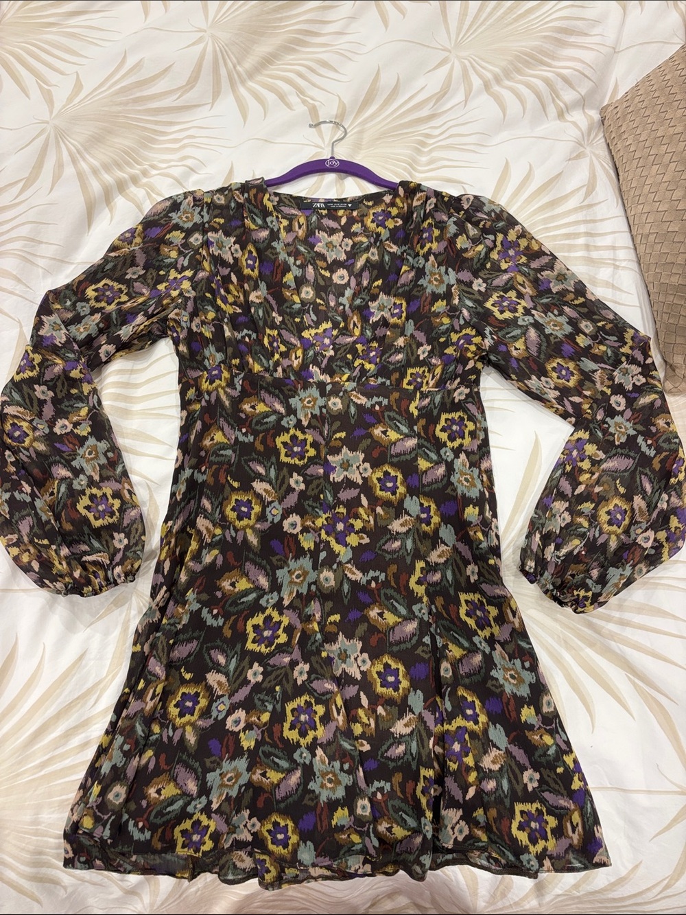 Zara Dark Floral Long Sleeve Dress with Purple & Yellow Accents
